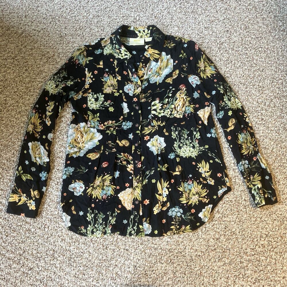Anthropologie Maeve Womens Fairy Floral Long Sleeve Button Up Shirt Sz 4 Nature